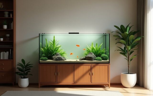 Clean home aquarium with goldfish and plants on a teak cabinet in a living room
