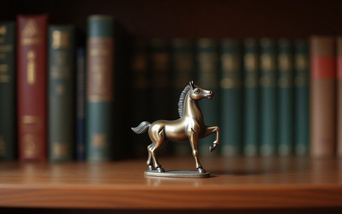 Small brass horse statue on an office bookshelf