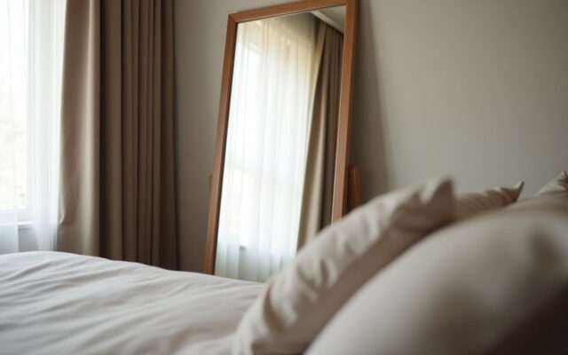 Tall wooden-framed mirror angled away from the bed, illustrating bedroom mirror feng shui rules