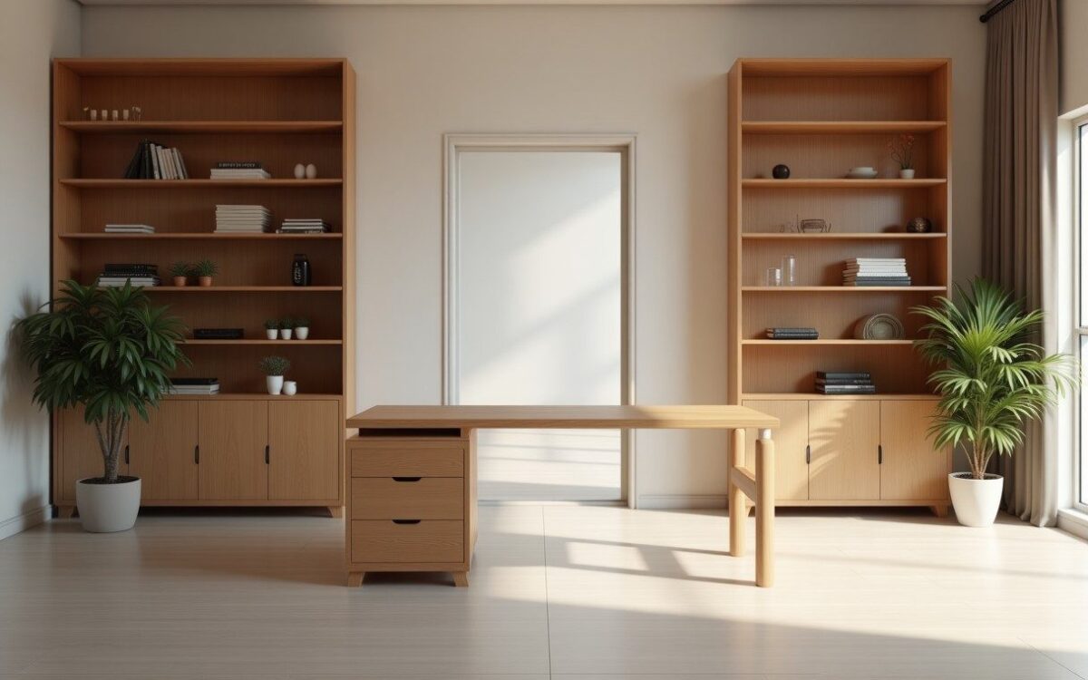 Quiet office with a wooden desk facing the door, illustrating feng shui office layout