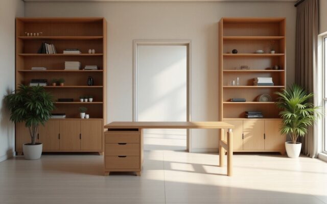 Quiet office with a wooden desk facing the door, illustrating feng shui office layout