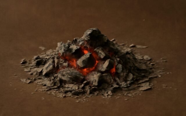 Warm embers glowing in grey ash, reflecting the Fire Dog (Bing Xu) year and its meaning