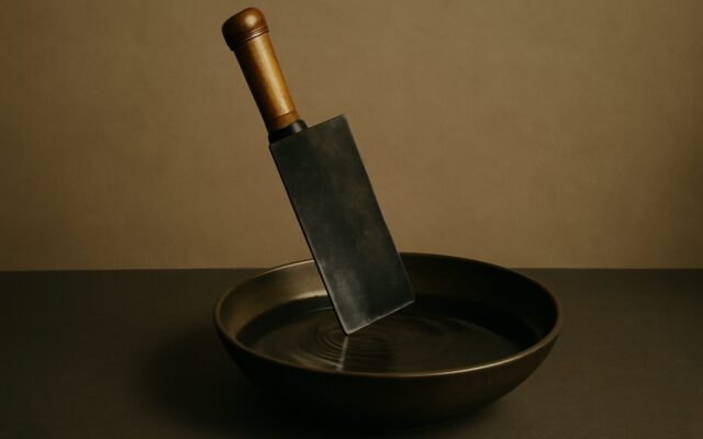 Cleaver standing in a shallow dark pan of water, for the Geng Zi day pillar in Ba Zi
