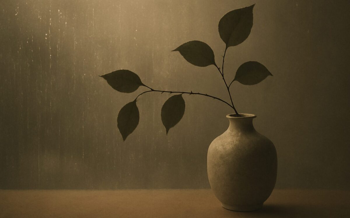 Leafy branch in a vase before a rain-streaked window, evoking Gui Water born in summer and its seasonal strength in Ba Zi