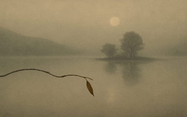 Still lake in dusk mist, reflecting Hexagram 17, Sui, Following