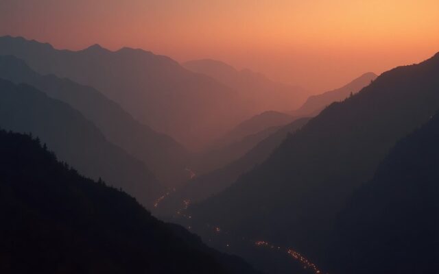 Lantern glow at the foot of a misty mountain, echoing Hexagram 22 Bi, fire beneath mountain