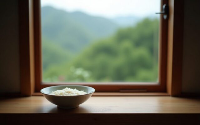 Simple bowl of rice porridge by a window facing hills, evoking Hexagram 27's nourishment