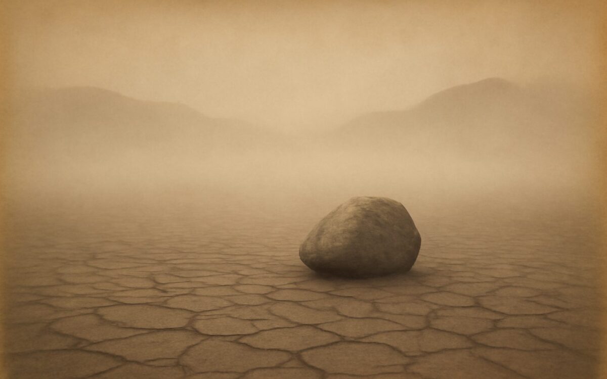 Cracked dry lakebed and stone in mist, reflecting Hexagram 47, Kun, Oppression