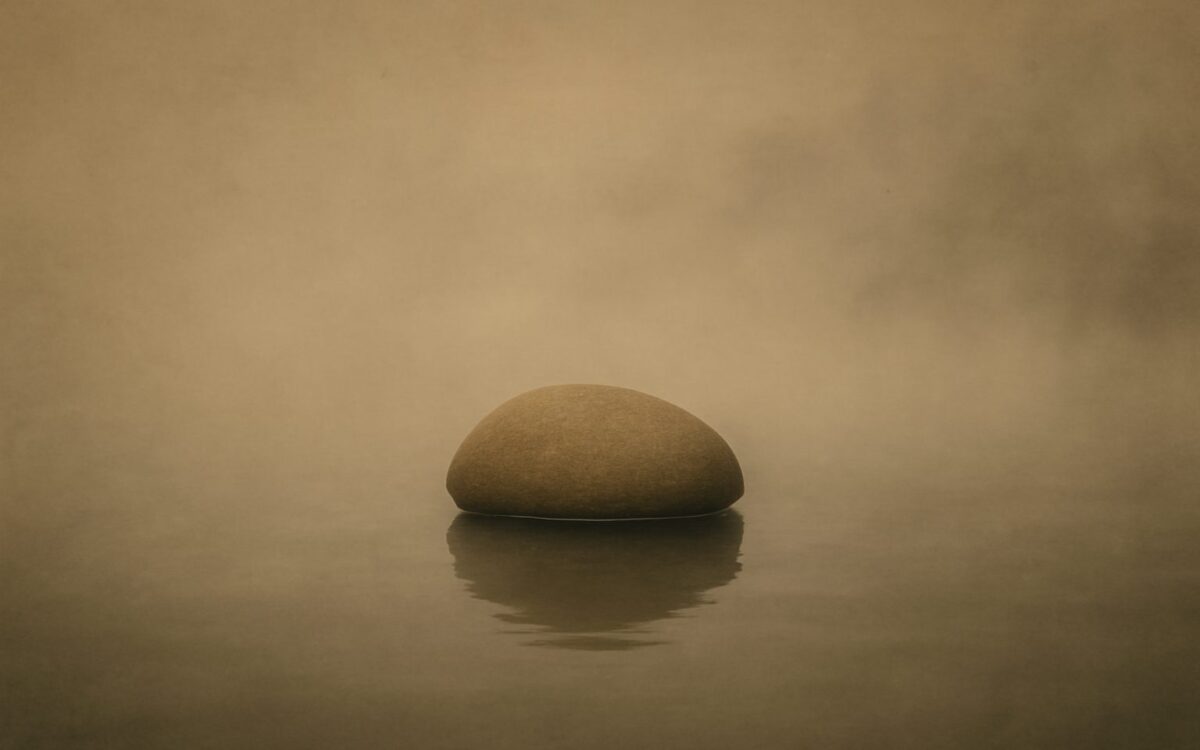 Smooth stone rising from still water in sepia mist, illustrating Hexagram 7, Shi, The Army