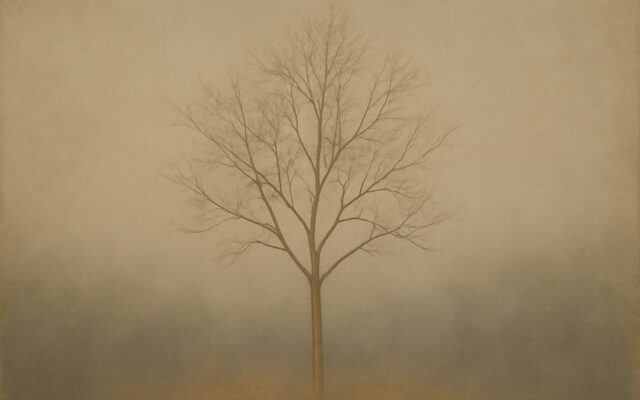 Bare tree in autumn mist, evoking Jia Wood born in autumn and its seasonal strength