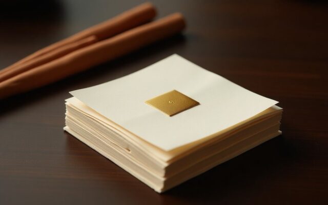 Stack of gold-foil joss paper on a dark table