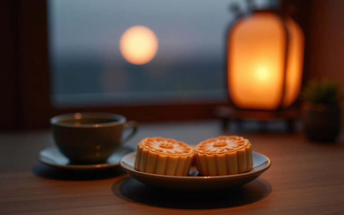 Mooncakes and tea beside a glowing lantern under a full moon