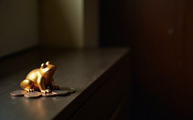 Gold-coloured frog figurine sitting on coins near a doorway, the money frog of folk tradition