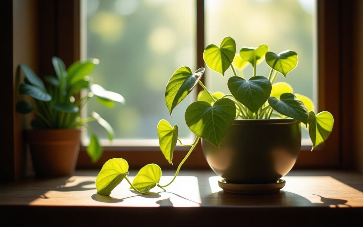 Pothos money plant with heart-shaped leaves trailing from a pot on a sunlit shelf