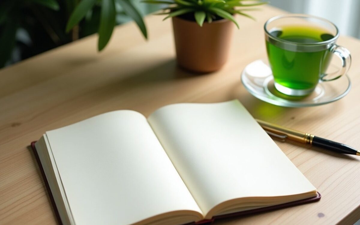 Green tea beside an open journal on an oak desk, set for an online Ba Zi reading