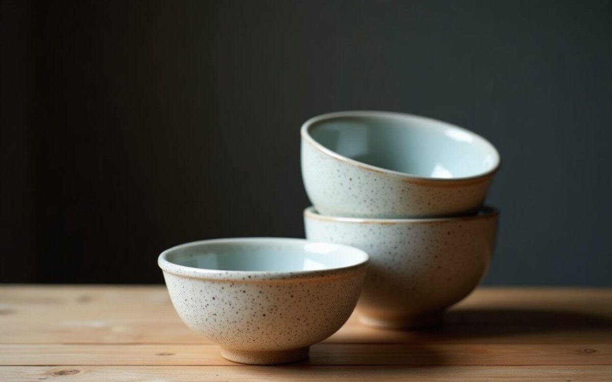 Two handmade rice bowls on a wooden counter, evoking Ox compatibility in the Chinese zodiac