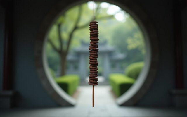 Burning incense coil before an open moon gate, evoking Qi Men timing and direction