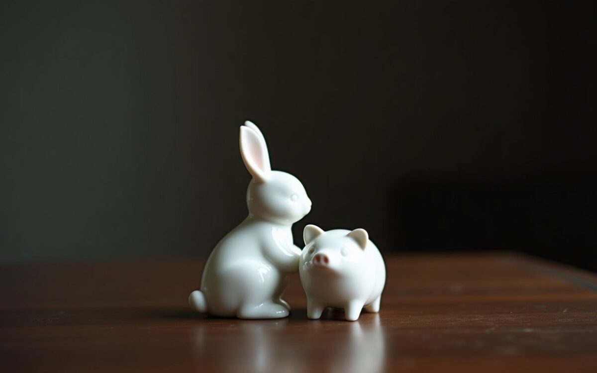 Porcelain rabbit and ceramic pig figurines together