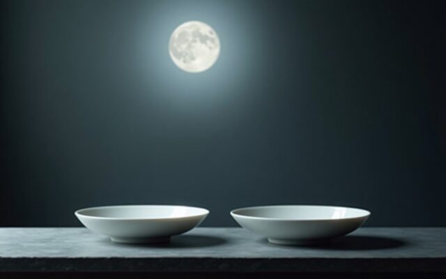 Two pale porcelain dishes in moonlight, evoking Rabbit compatibility in the Chinese zodiac