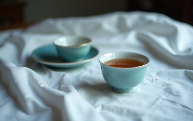 One upright and one tipped teacup on linen, evoking the uneasy Rat and Rabbit match