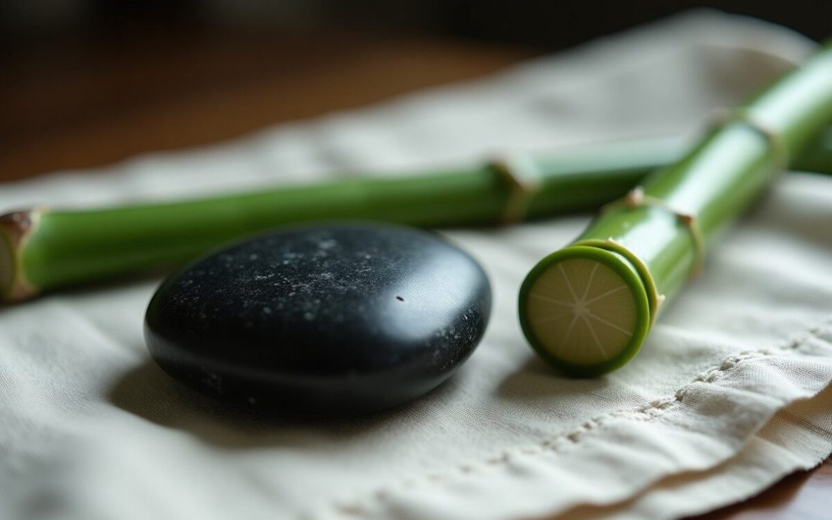A black river stone beside a bamboo section, evoking Rat and Tiger compatibility in Ba Zi
