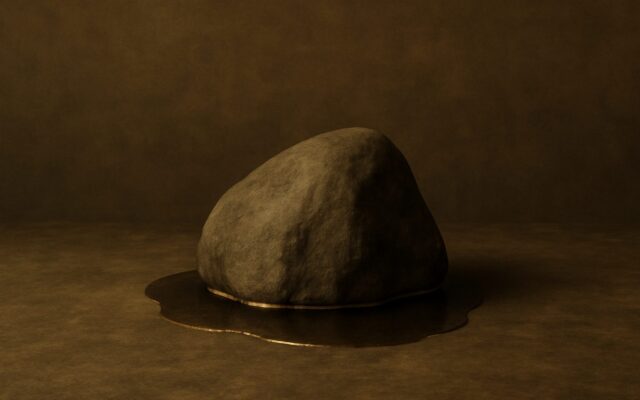 Rounded rock sitting in a shallow pool of water, evoking the Ren Shen day pillar and its personality