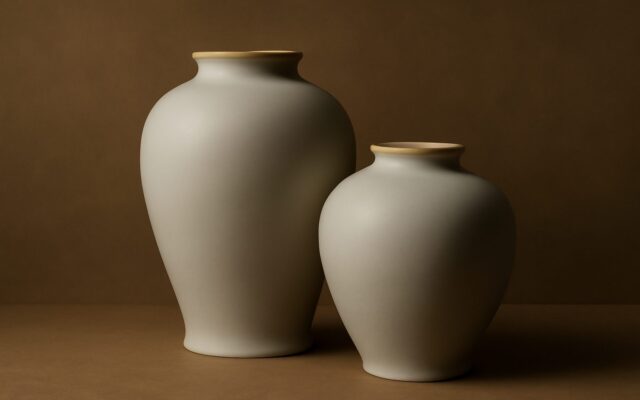 Two matte porcelain jars side by side, for Rooster and Pig compatibility
