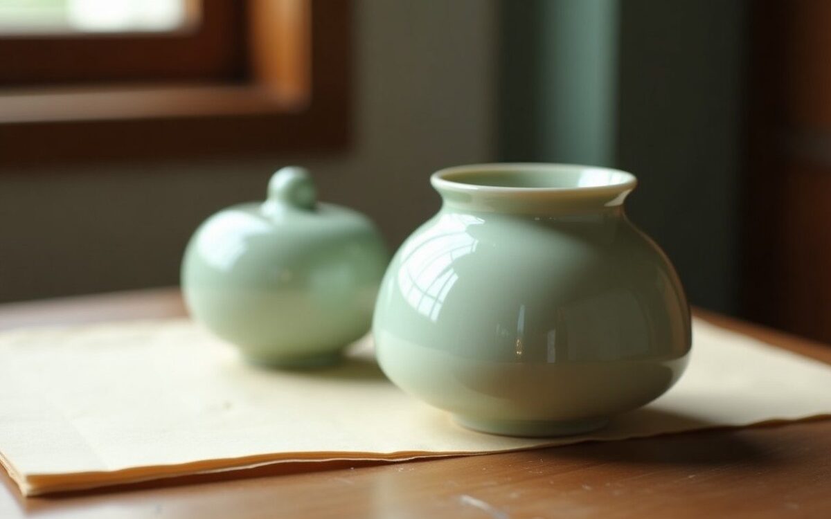Celadon jar beside folded hanji paper, evoking Saju Palja, the eight characters read in Korea