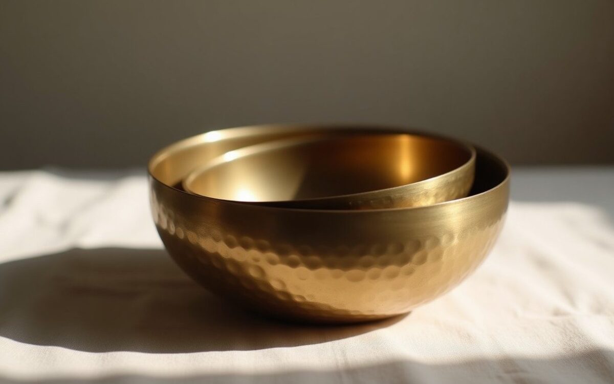 Two hammered brass bowls nested together, evoking the Metal bond of Snake and Rooster