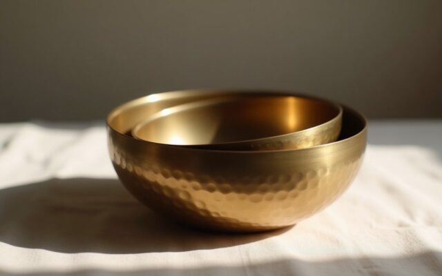 Two hammered brass bowls nested together, evoking the Metal bond of Snake and Rooster
