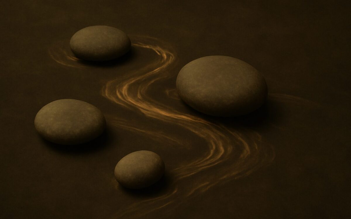 Smooth stones around a winding stream of light, illustrating the Water Monkey (Ren Shen) year
