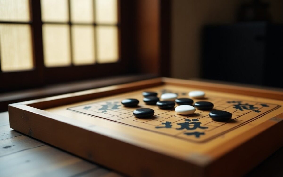 Wooden board with black and white stones, evoking the strategic art of Qi Men Dun Jia