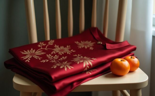 Folded silk outfit with gold embroidery beside mandarin oranges