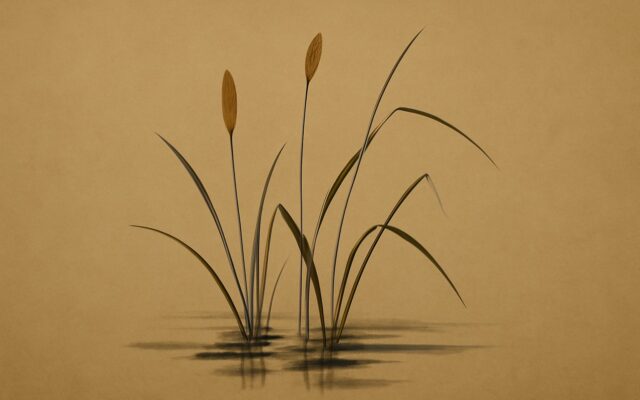Reeds standing in a still pond, a backdrop for the Wood Pig (Yi Hai) year and its personality