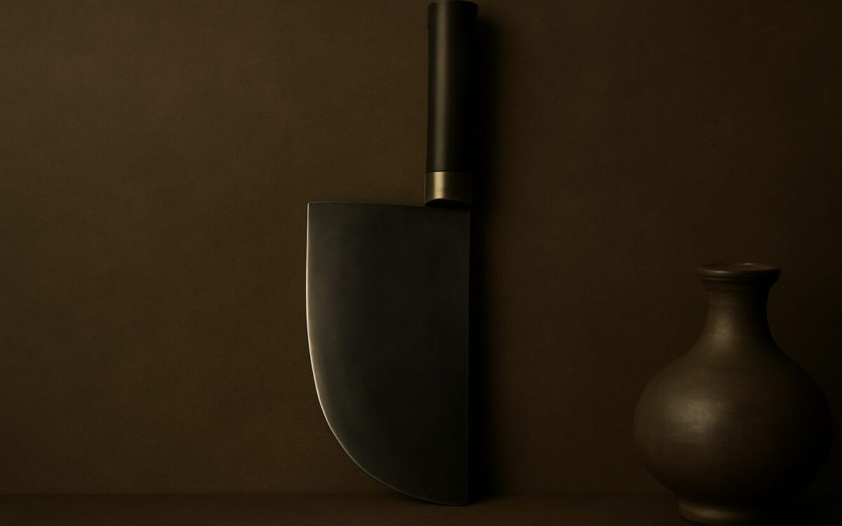 Cleaver standing beside a dark vase, for the hidden stems of the You branch, the Rooster