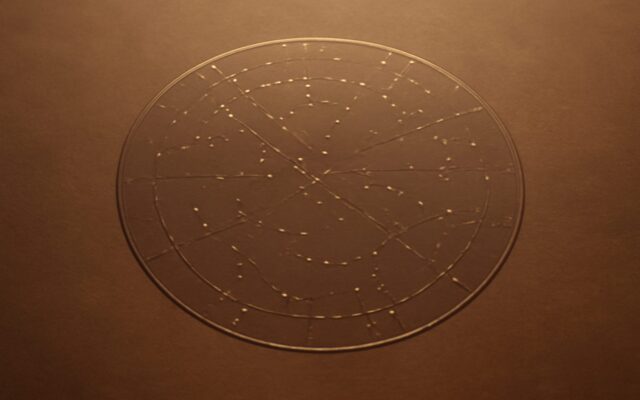 Clear round star chart dotted with gold points, illustrating how a Zi Wei Dou Shu calculator plots the Purple Star chart